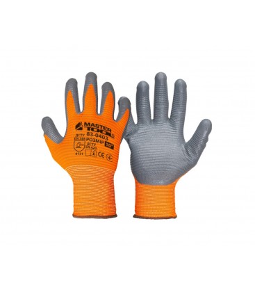 Rukavice pracovní MASTERTOOL pletené bezešvé s nitrilovým žebrovaným povlakem oranžovo/šedá 10" 83-0403