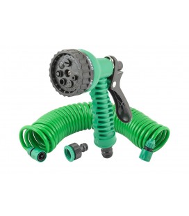 Zavlažovací sada MASTERTOOL 5 ks (pistole 7 funkcí, spirálová hadice 10 m, adaptér 1/2"-3/4" - samice, koncovka 3/8" - 2 ks)