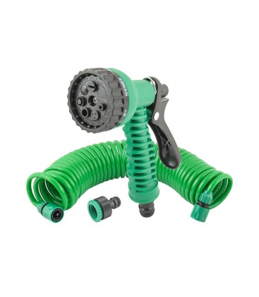 Zavlažovací sada MASTERTOOL 5 ks (pistole 7 funkcí, spirálová hadice 10 m, adaptér 1/2"-3/4" - samice, koncovka 3/8" - 2 ks)
